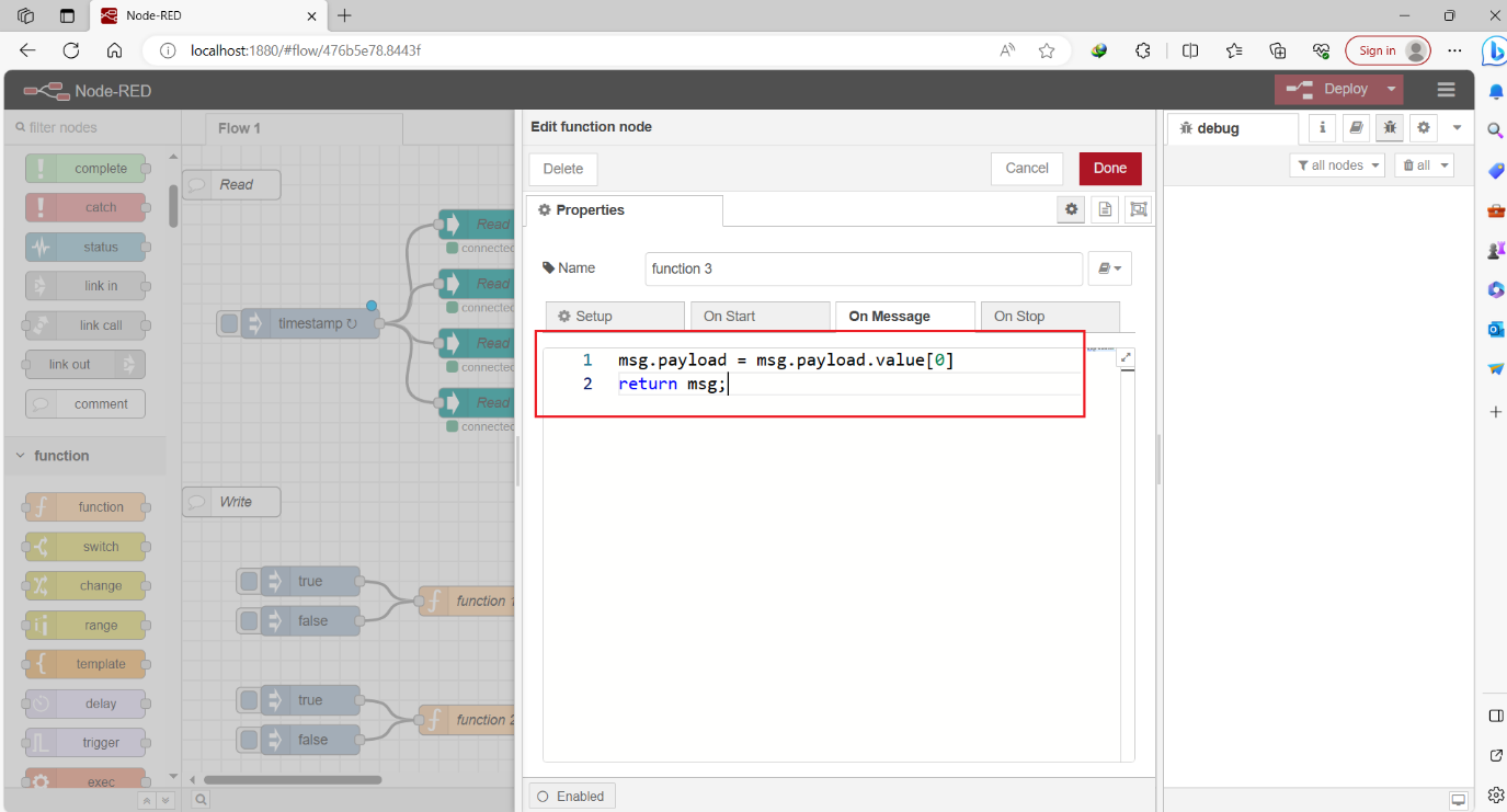 Figure 11.5 - Siemens TIA Portal PLC Node-Red Dashboard | Function Node Code