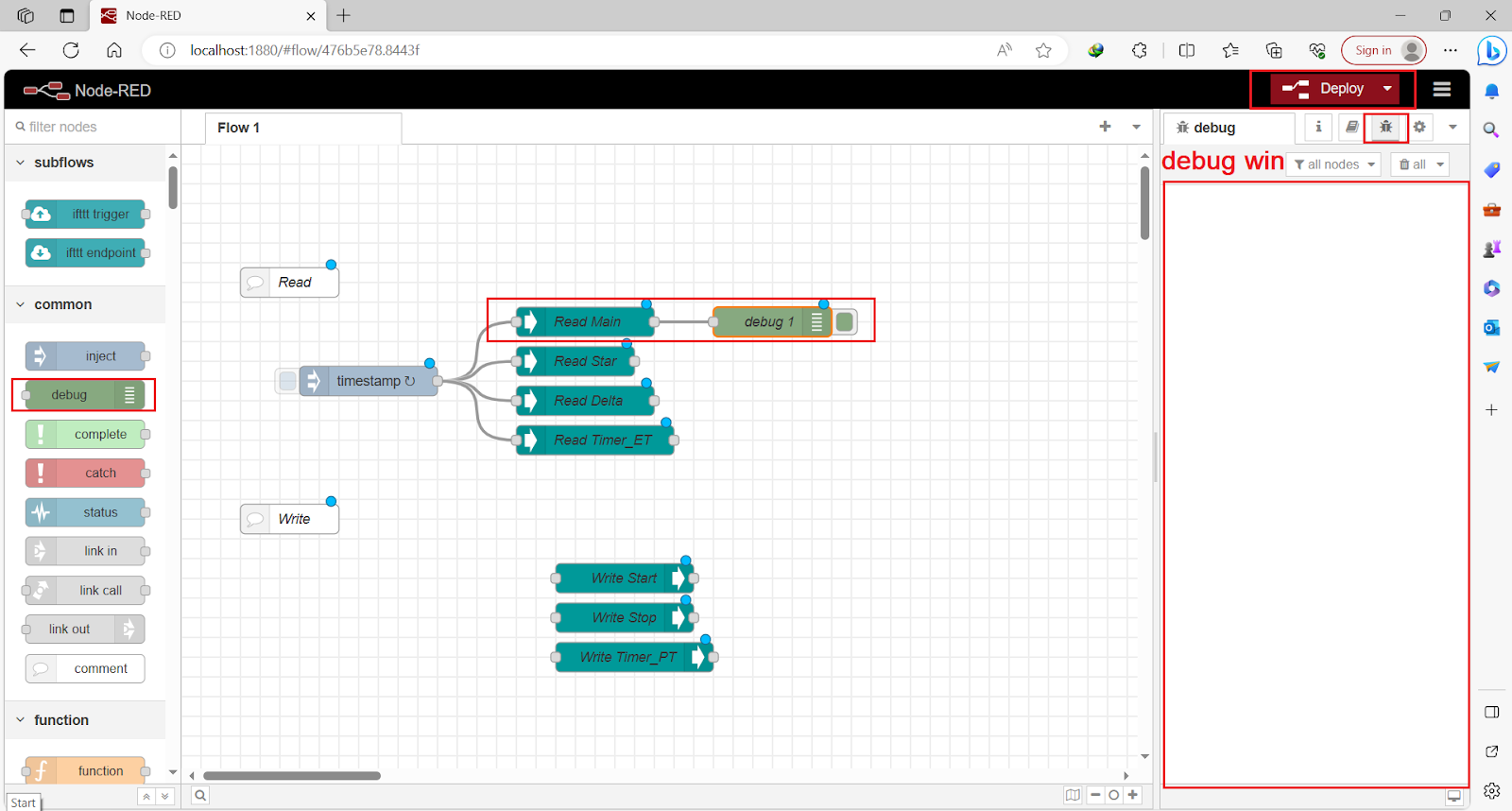 Figure 8.3 - Siemens TIA Portal PLC Node-Red Dashboard | Debug node 