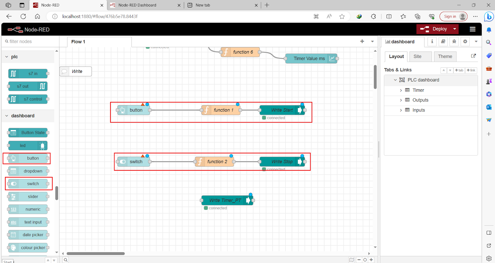 Figure 12.1 - Siemens TIA Portal PLC Node-Red Dashboard | Dashboard button and switch nodes