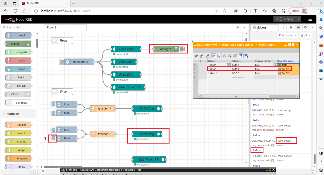 Figure 9.10 - Siemens TIA Portal PLC Node-Red Dashboard | Send False to Stop Tag