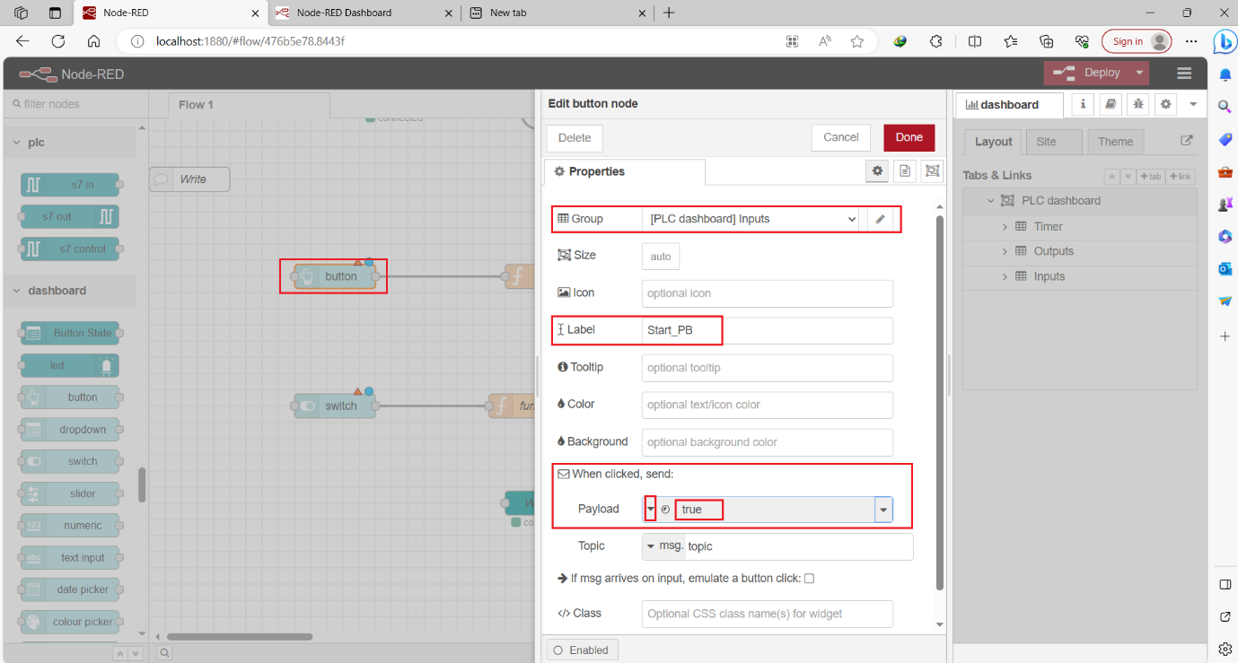 Figure 12.2 - Siemens TIA Portal PLC Node-Red Dashboard | Dashboard button node setting 