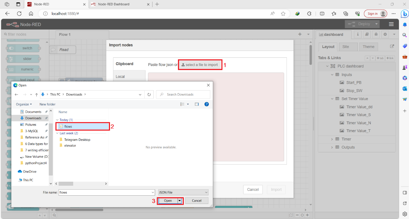 Figure 13.2 - Siemens TIA Portal PLC Node-Red Dashboard | Import Flow