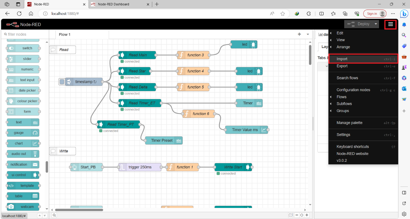 Figure 13.1 - Siemens TIA Portal PLC Node-Red Dashboard | Import Flow