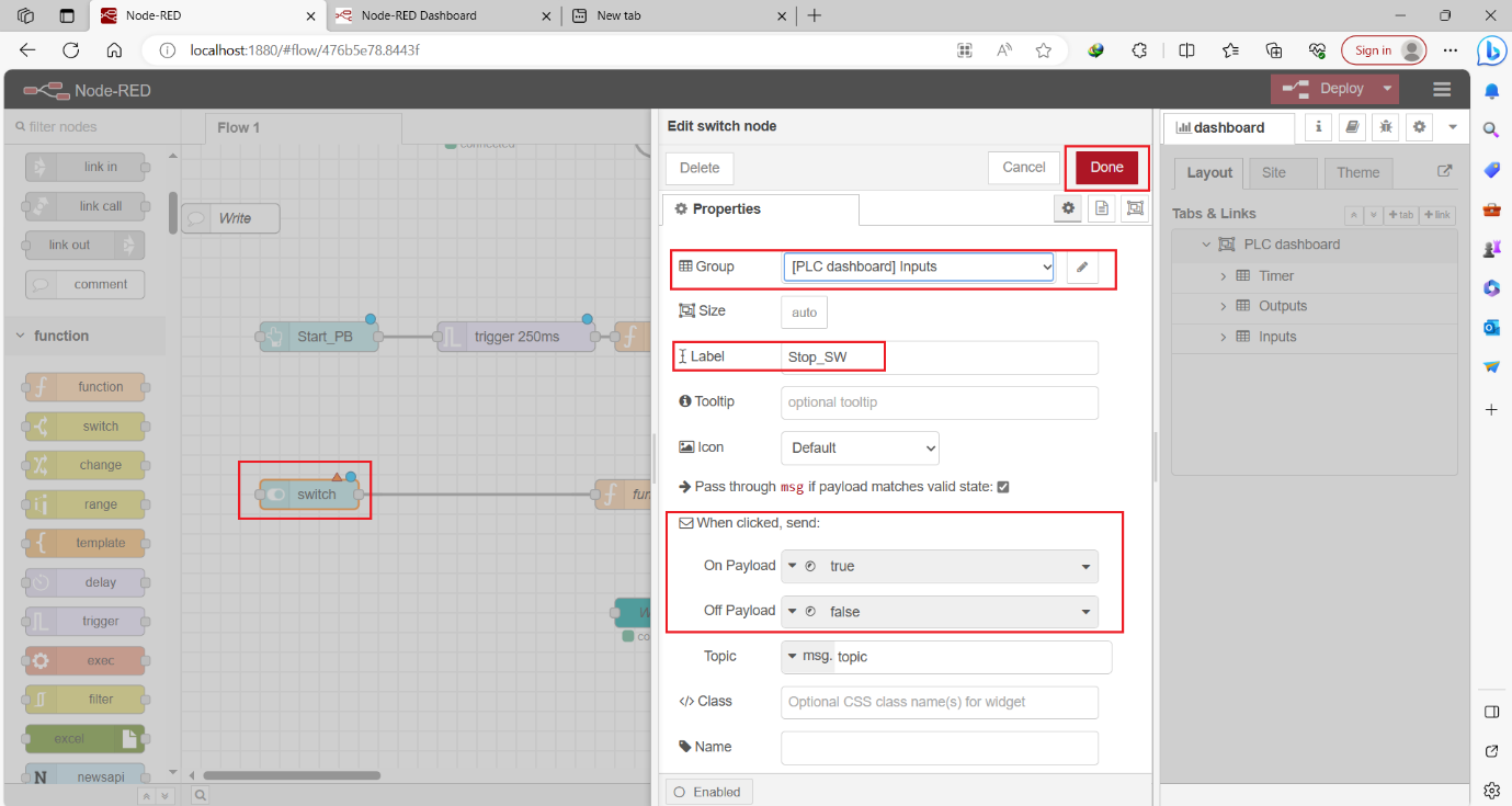 Figure 12.5 - Siemens TIA Portal PLC Node-Red Dashboard | Switch node 