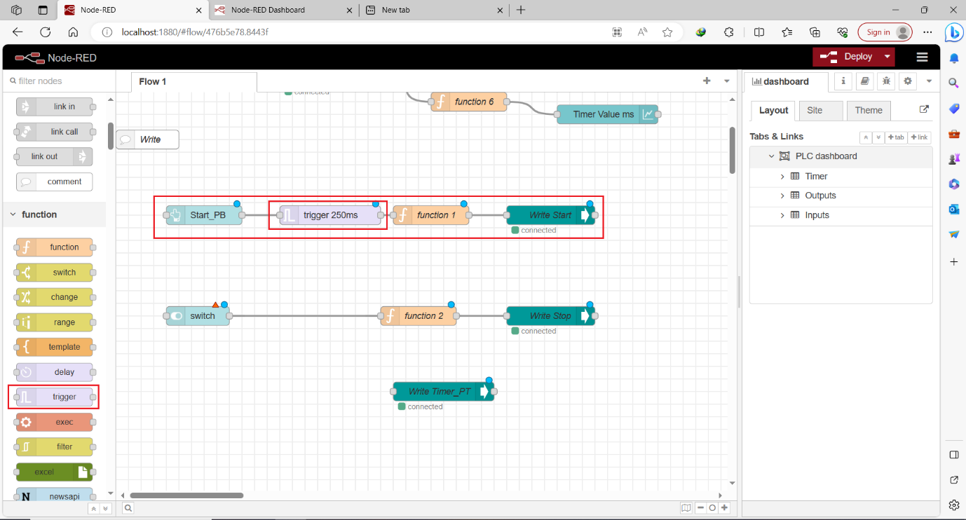 Figure 12.3 - Siemens TIA Portal PLC Node-Red Dashboard | Trigger node