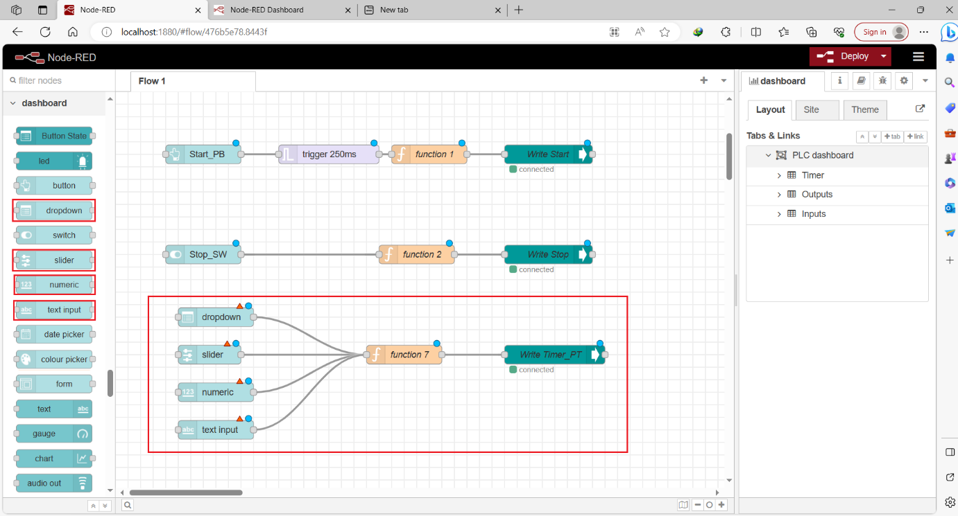 Figure 12.6 - Siemens TIA Portal PLC Node-Red Dashboard | Dashboard Inputs Nodes 