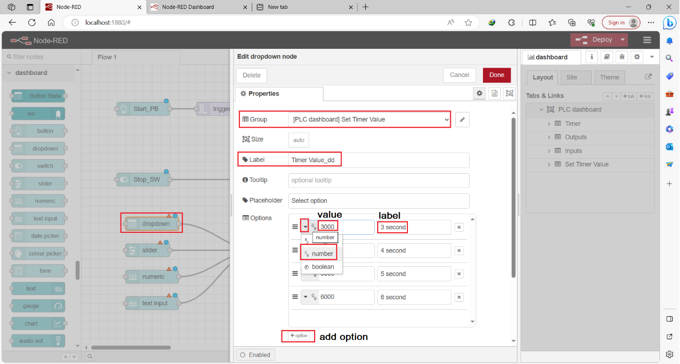 Figure 12.7 - Siemens TIA Portal PLC Node-Red Dashboard | Dashboard dropdown Node