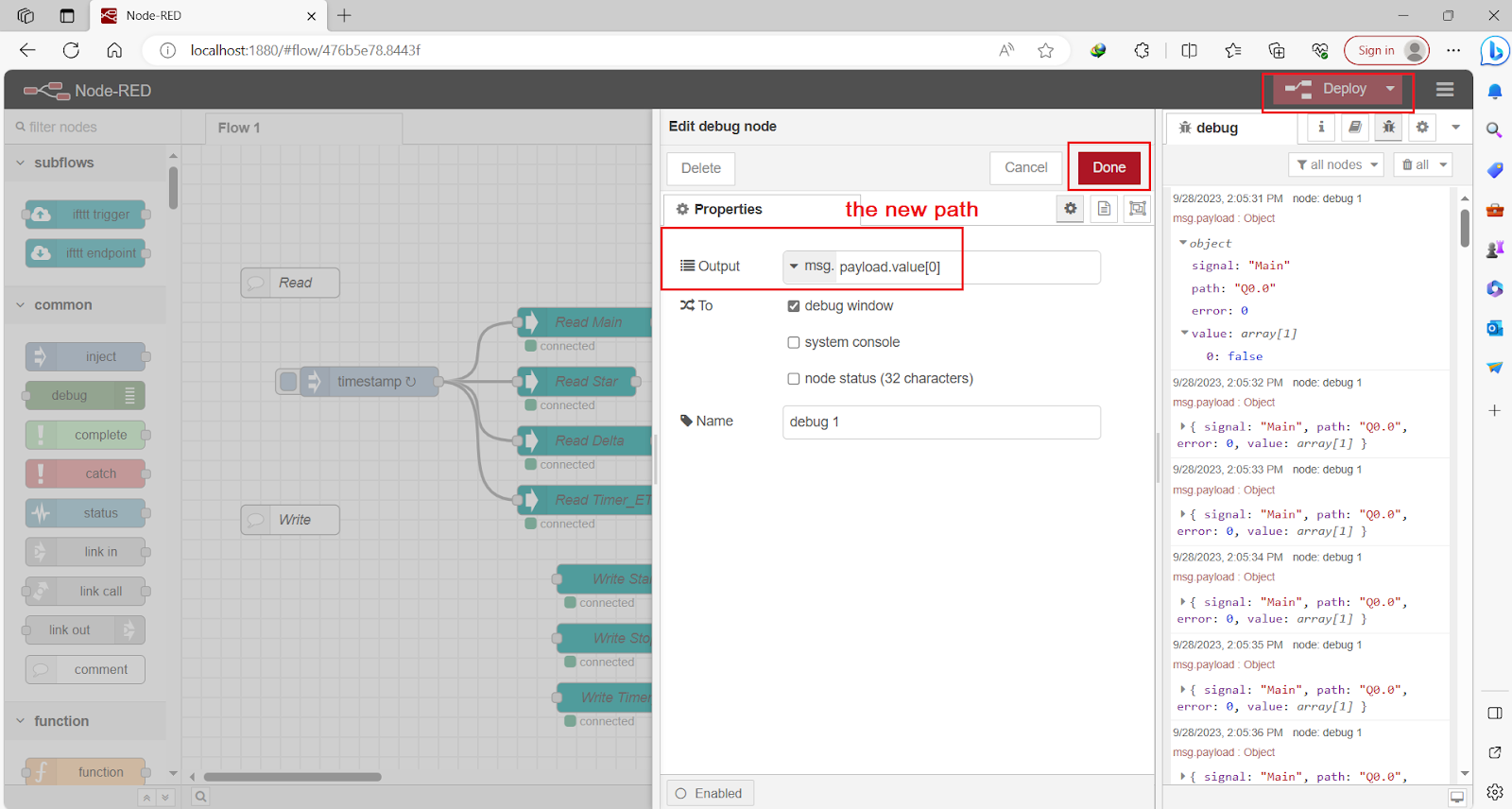 Figure 8.6 - Siemens TIA Portal PLC Node-Red Dashboard | Read the path Value only 