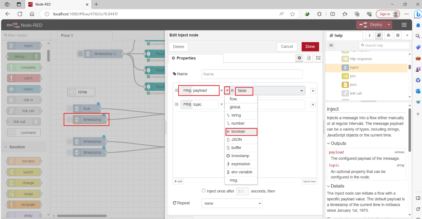 Figure 9.3 - Siemens TIA Portal PLC Node-Red Dashboard | Second inject node configuration