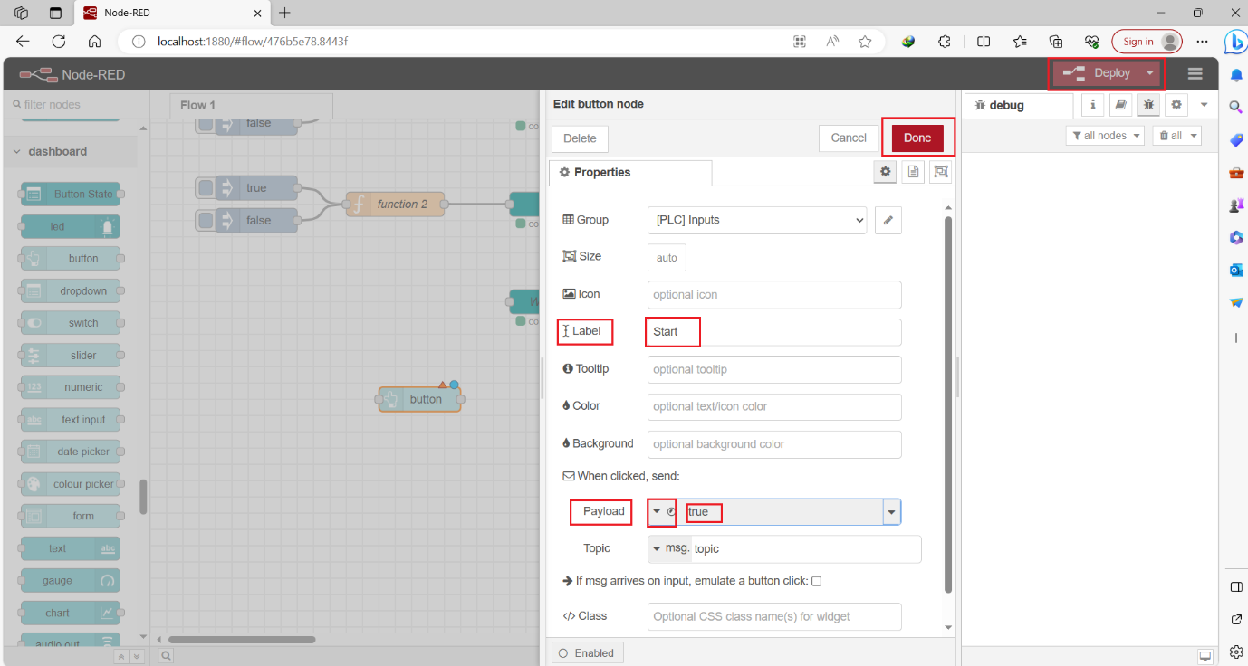 Figure 10.7 - Siemens TIA Portal PLC Node-Red Dashboard | Dashboard button node setting