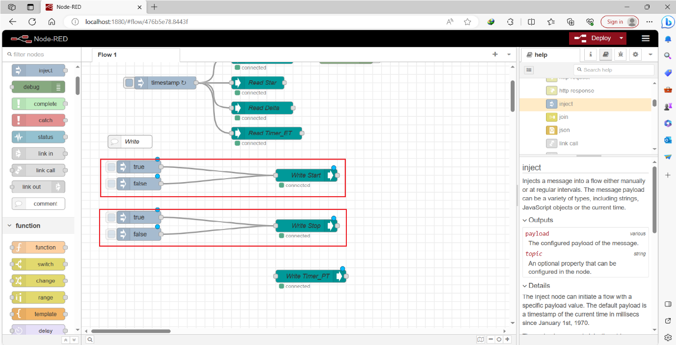 Figure 9.4 - Siemens TIA Portal PLC Node-Red Dashboard | Other two inject node configuration