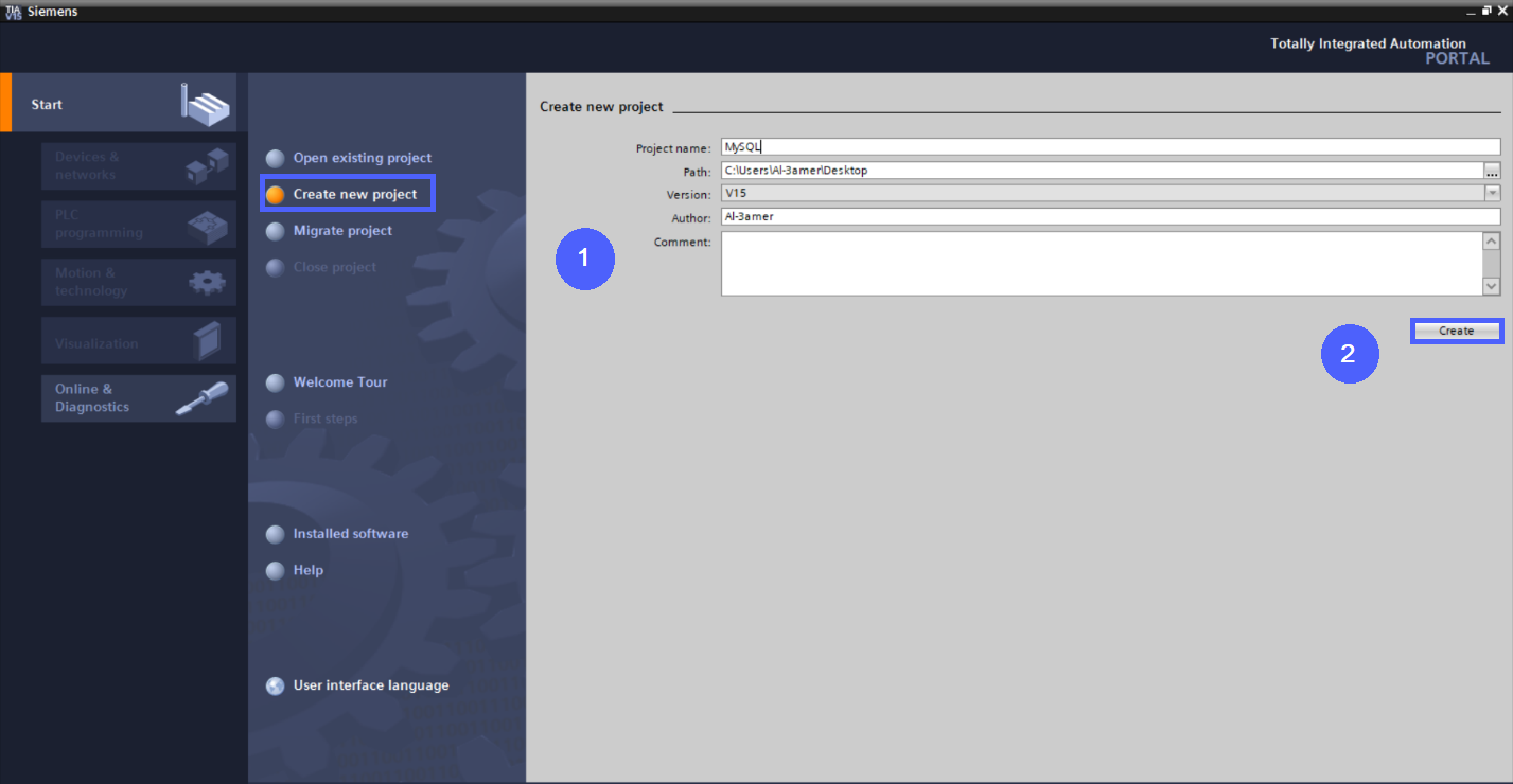 Figure 5.1 - Siemens TIA Portal PLC MySQL Google Sheets Data | Creating a new TIA Portal project