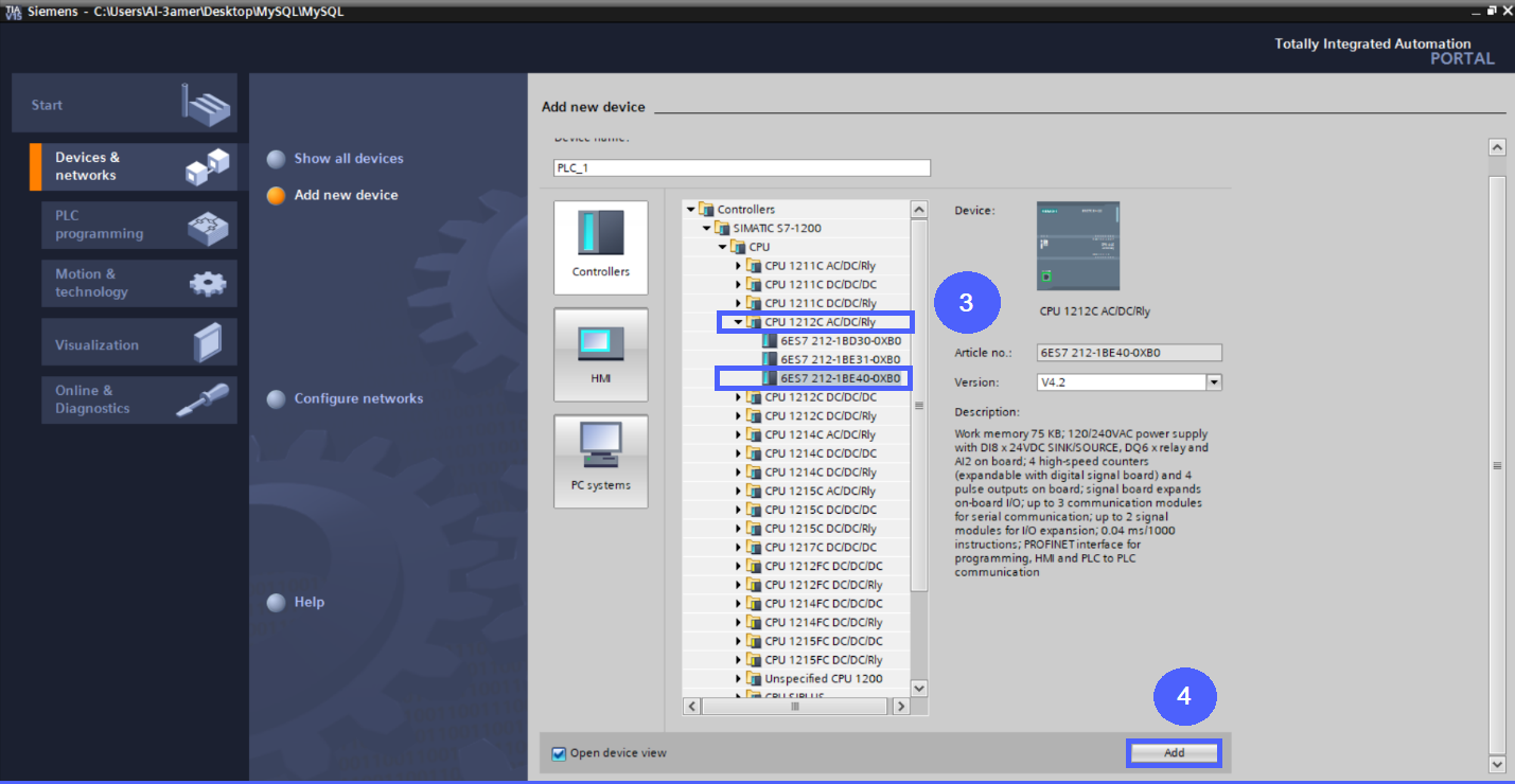 Figure 5.4 - Siemens TIA Portal PLC MySQL Google Sheets Data | Adding a Device (PLC S7-1200)