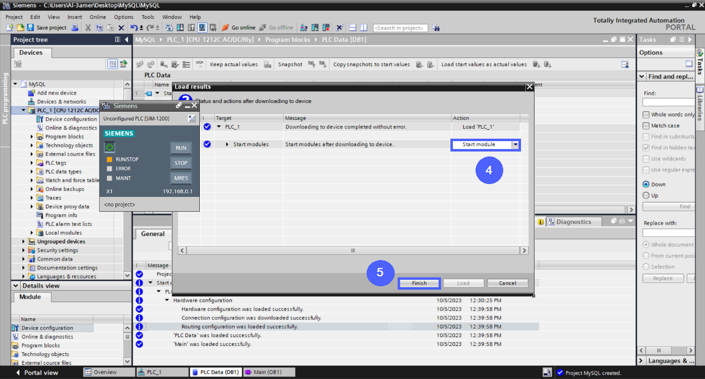 Figure 5.17 - Siemens TIA Portal PLC MySQL Google Sheets Data | Run Simulation