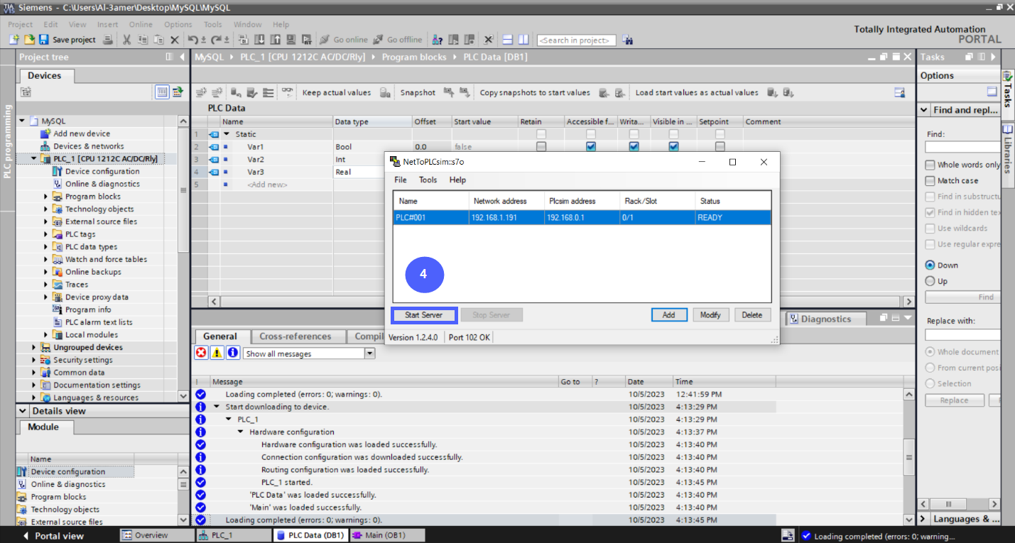 Figure 6.12 - Siemens TIA Portal PLC MySQL Google Sheets Data | Net-To-PLC-Sim Running