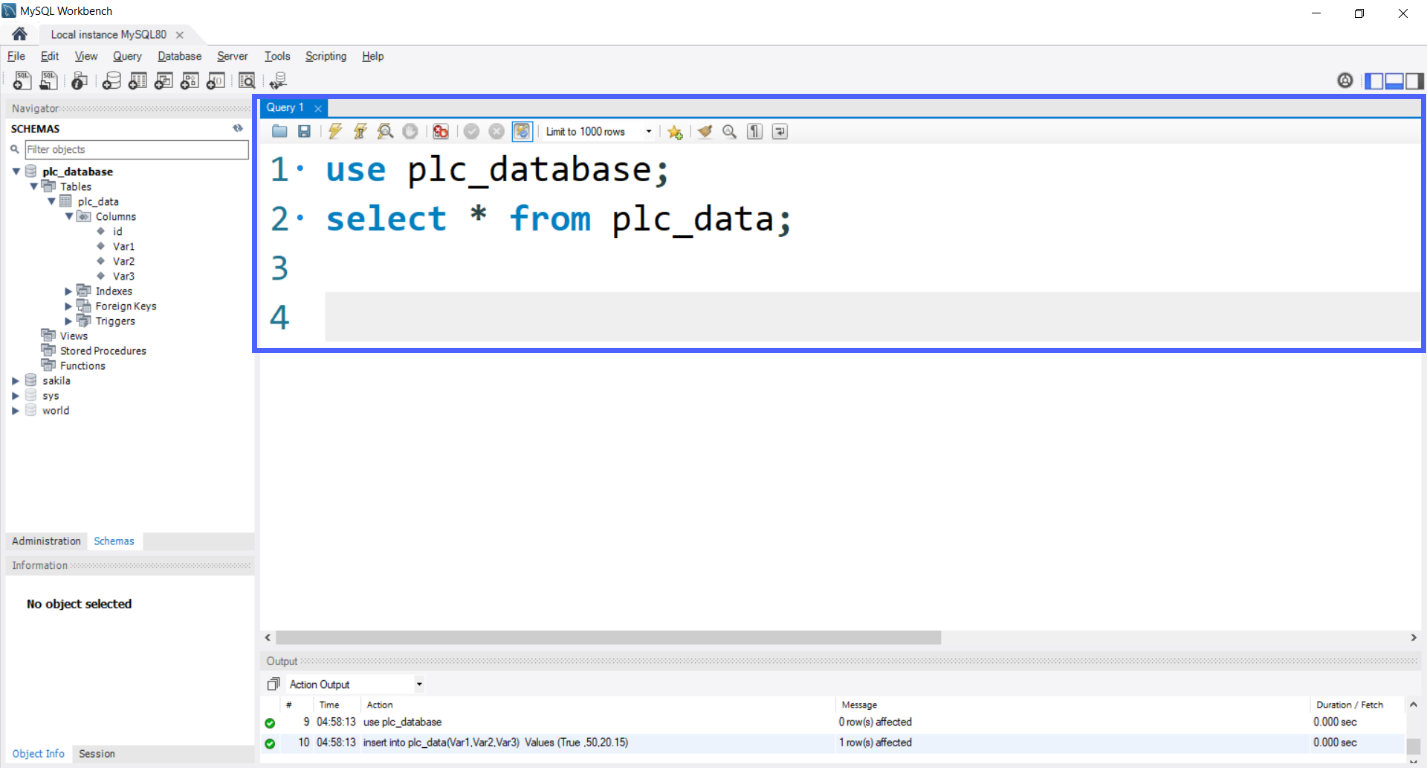 Figure 7.13 - Siemens TIA Portal PLC MySQL Google Sheets Data | MySQL select Query before execution