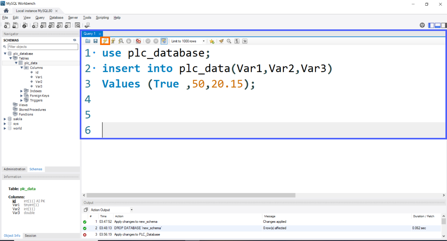 Figure 7.11 - Siemens TIA Portal PLC MySQL Google Sheets Data | MySQL insert Query before execution