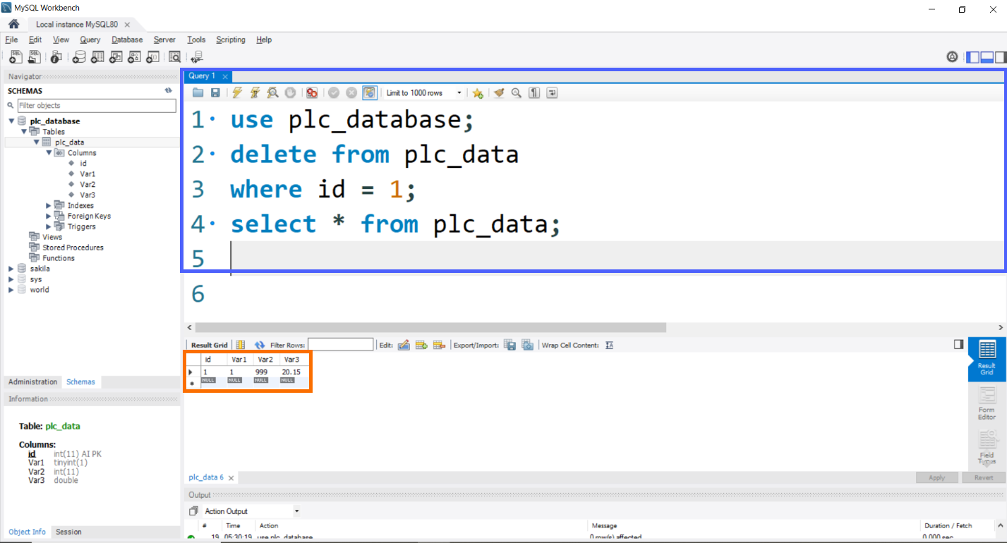 Figure 7.17 - Siemens TIA Portal PLC MySQL Google Sheets Data | MySQL Delete Query before execution