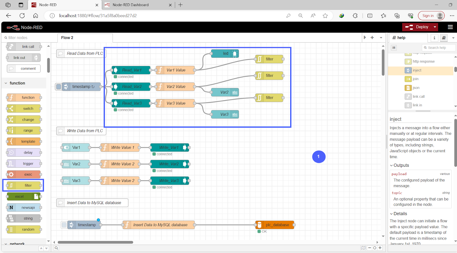 Figure 11.8 - Siemens TIA Portal PLC MySQL Google Sheets Data | Node-Red Filter Node