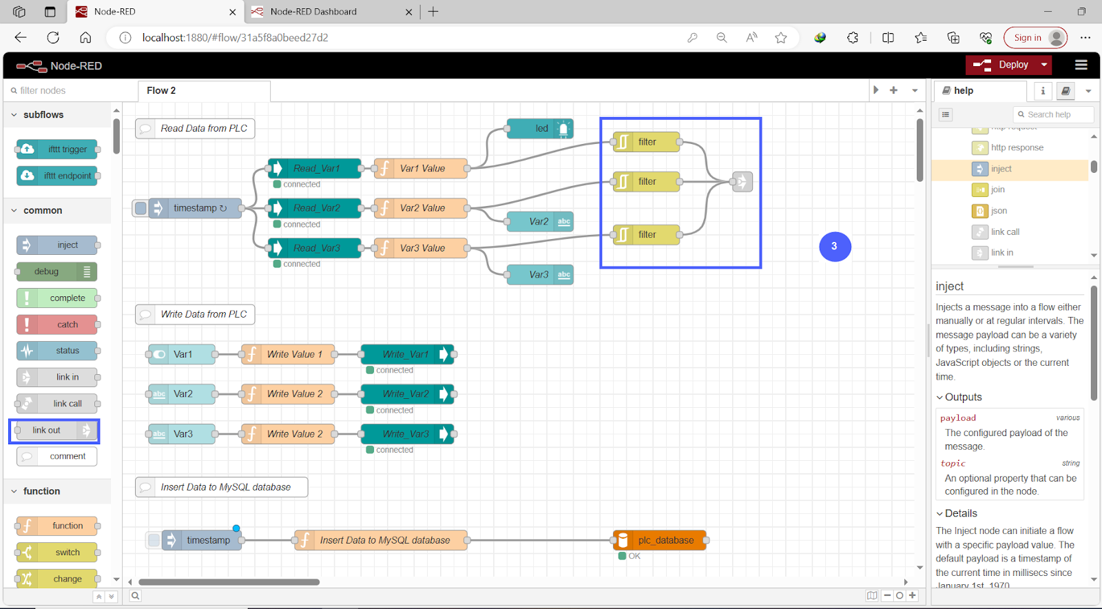 Figure 11.10 - Siemens TIA Portal PLC MySQL Google Sheets Data | Node-Red Link Out Node