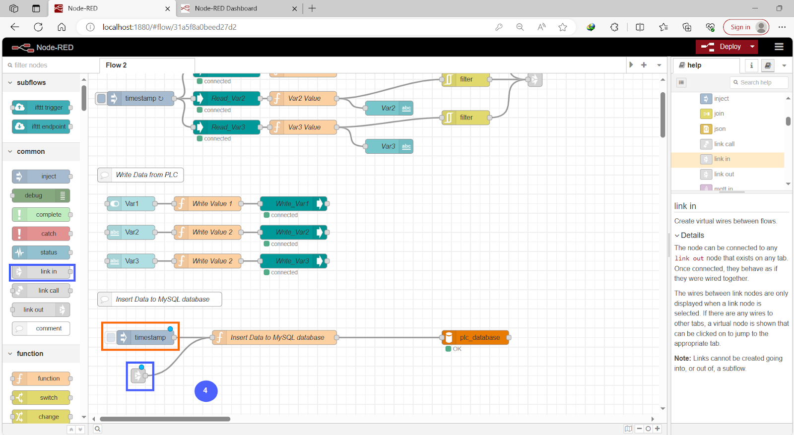 Figure 11.11 - Siemens TIA Portal PLC MySQL Google Sheets Data | Node-Red Link In Node