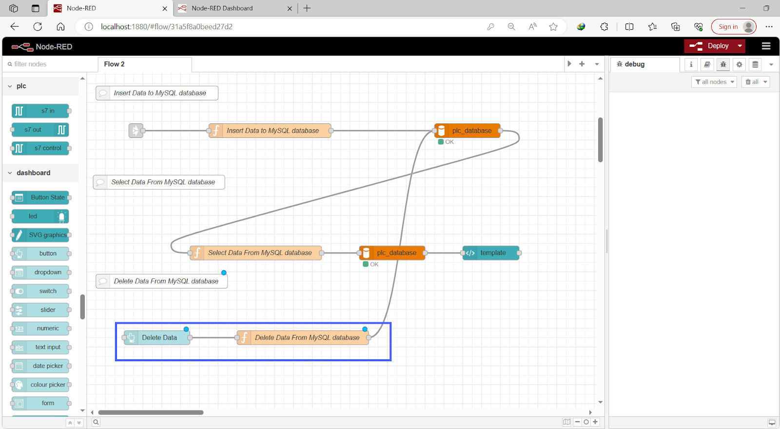 Figure 11.18 - Siemens TIA Portal PLC MySQL Google Sheets Data | Node-Red Delete Query