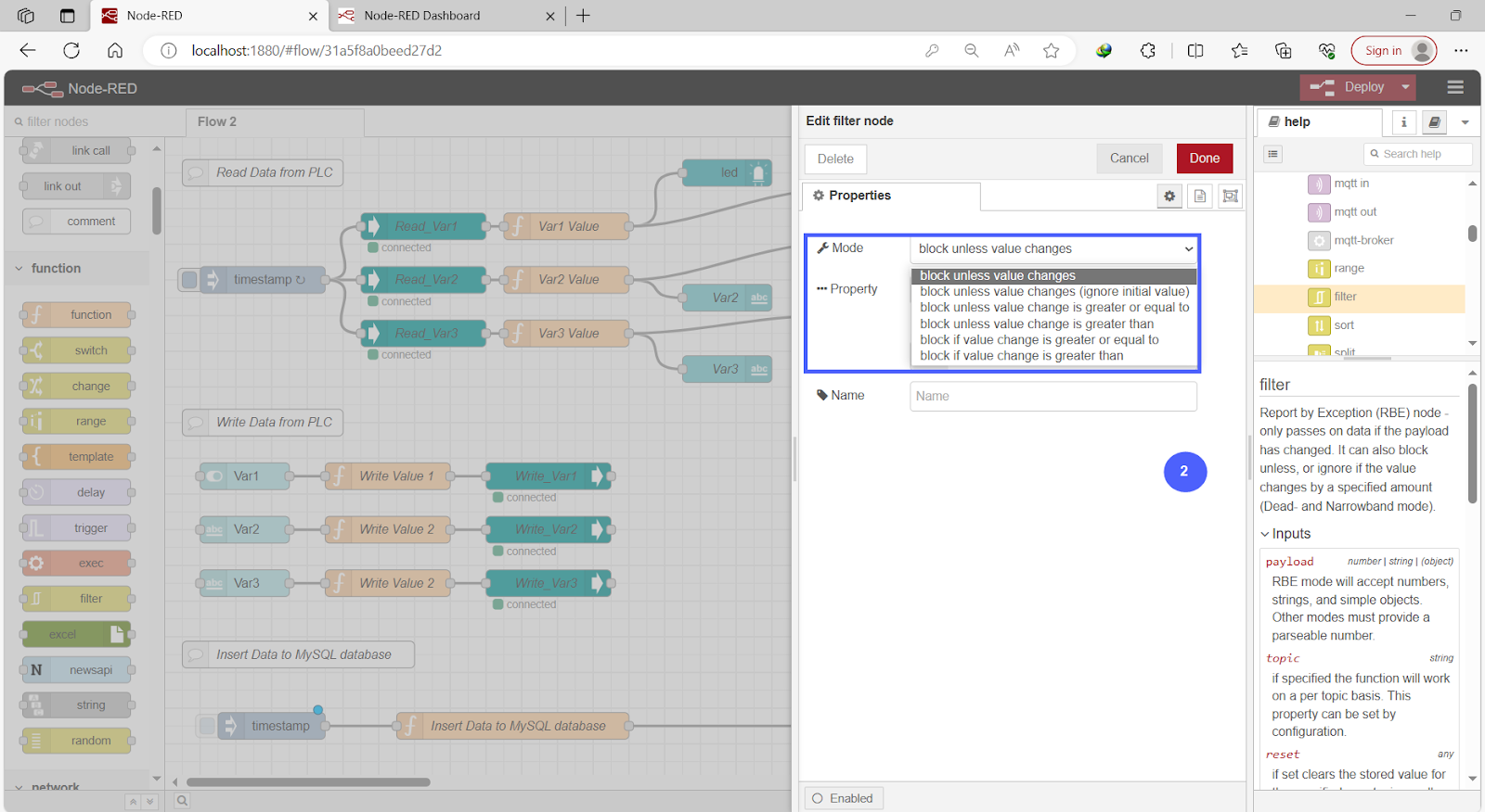 Figure 11.9 - Siemens TIA Portal PLC MySQL Google Sheets Data | Node-Red Filter Node