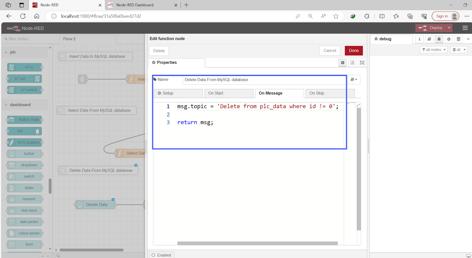 Figure 11.19 - Siemens TIA Portal PLC MySQL Google Sheets Data | Node-Red Delete Function Node