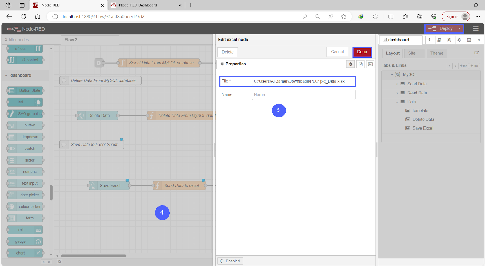 Figure 13.5 - Siemens TIA Portal PLC MySQL Excel Sheets Data | Node-Red Excel Node Setting