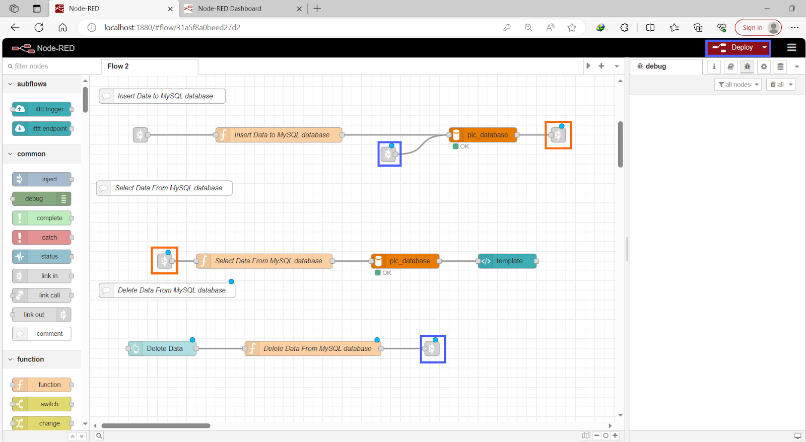 Figure 11.20 - Siemens TIA Portal PLC MySQL Google Sheets Data | Node-Red Delete Function Node