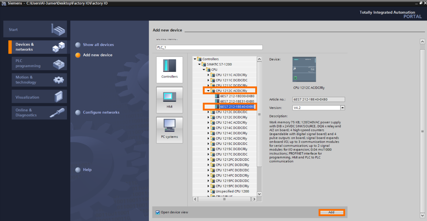 Figure 2.1 - Getting Started with Siemens S7-1200 in Factory IO | Adding a Device (PLC S7_1200)