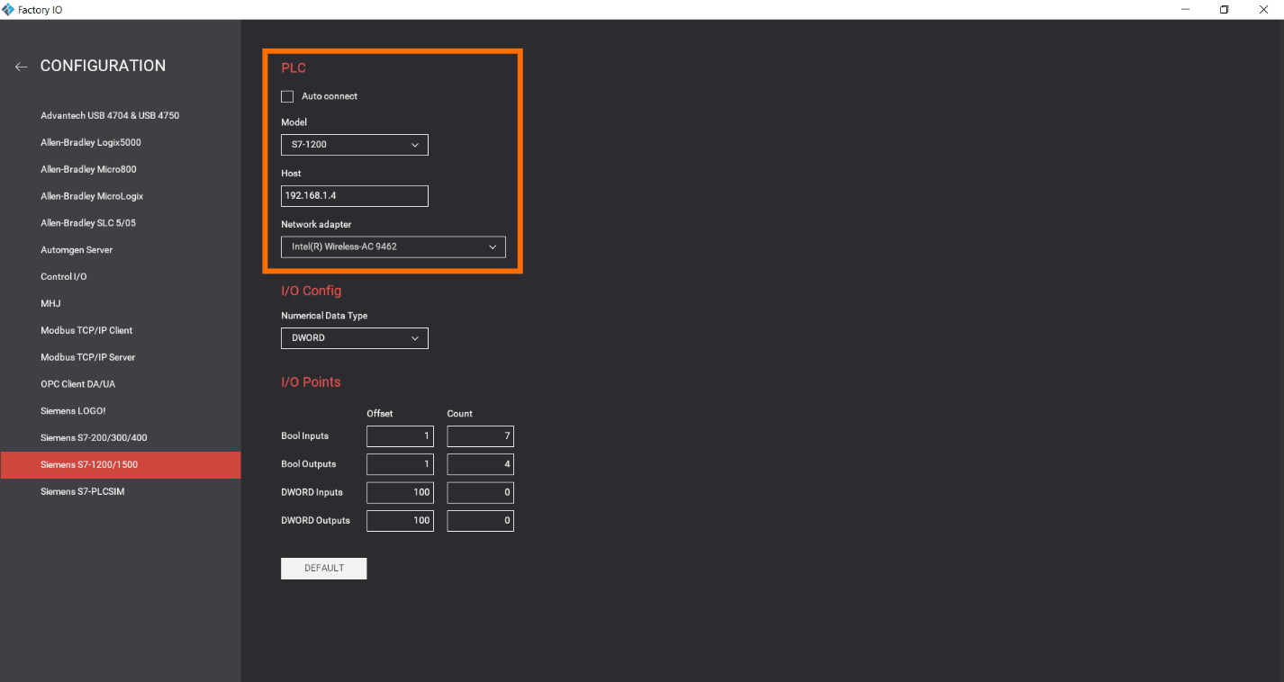 Figure 4.2 - Getting Started with Siemens S7-1200 in Factory IO | Connection settings