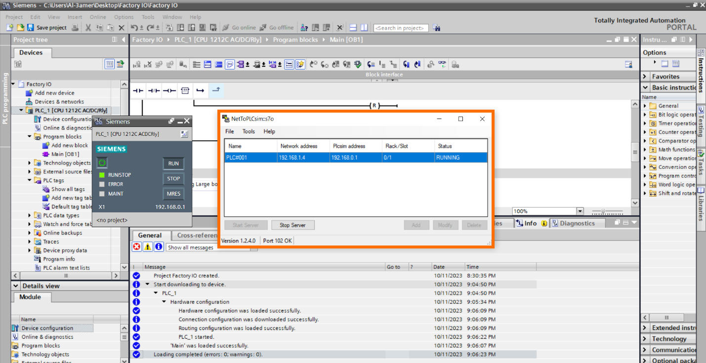 Figure 3.1 - Getting Started with Siemens S7-1200 in Factory IO | Net To PLCSim server Running