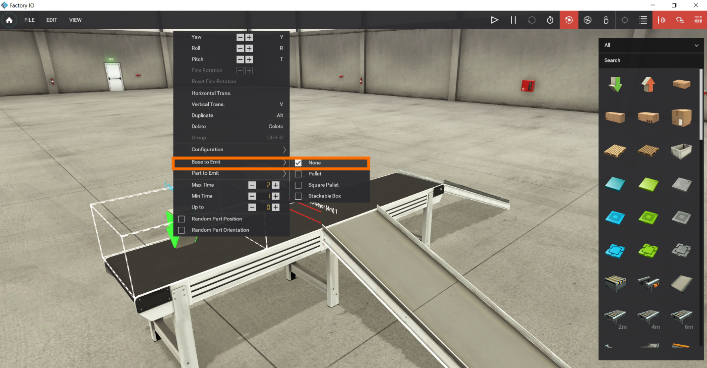 Figure 1.8 - Getting Started with Siemens S7-1200 in Factory IO | Factory IO Emitter setting