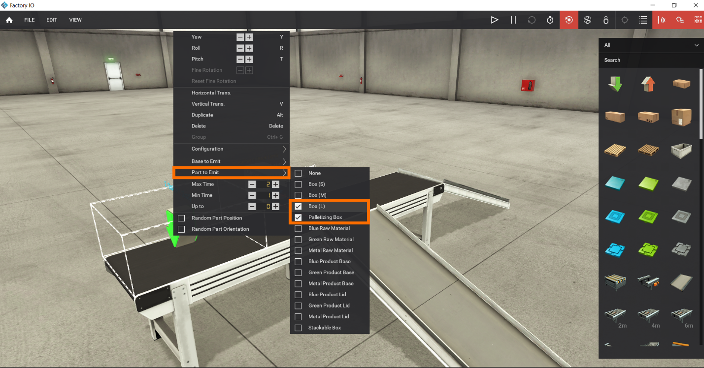 Figure 1.9 - Getting Started with Siemens S7-1200 in Factory IO | Factory IO Emitter setting