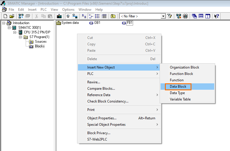 Figure 4.6 - Siemens SIMATIC Manager STEP7 PLC Programming | Creating a new Data Block