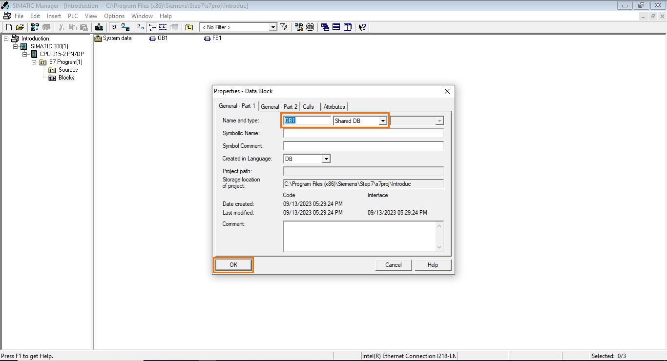 Figure 4.7 - Siemens SIMATIC Manager STEP7 PLC Programming | DB properties