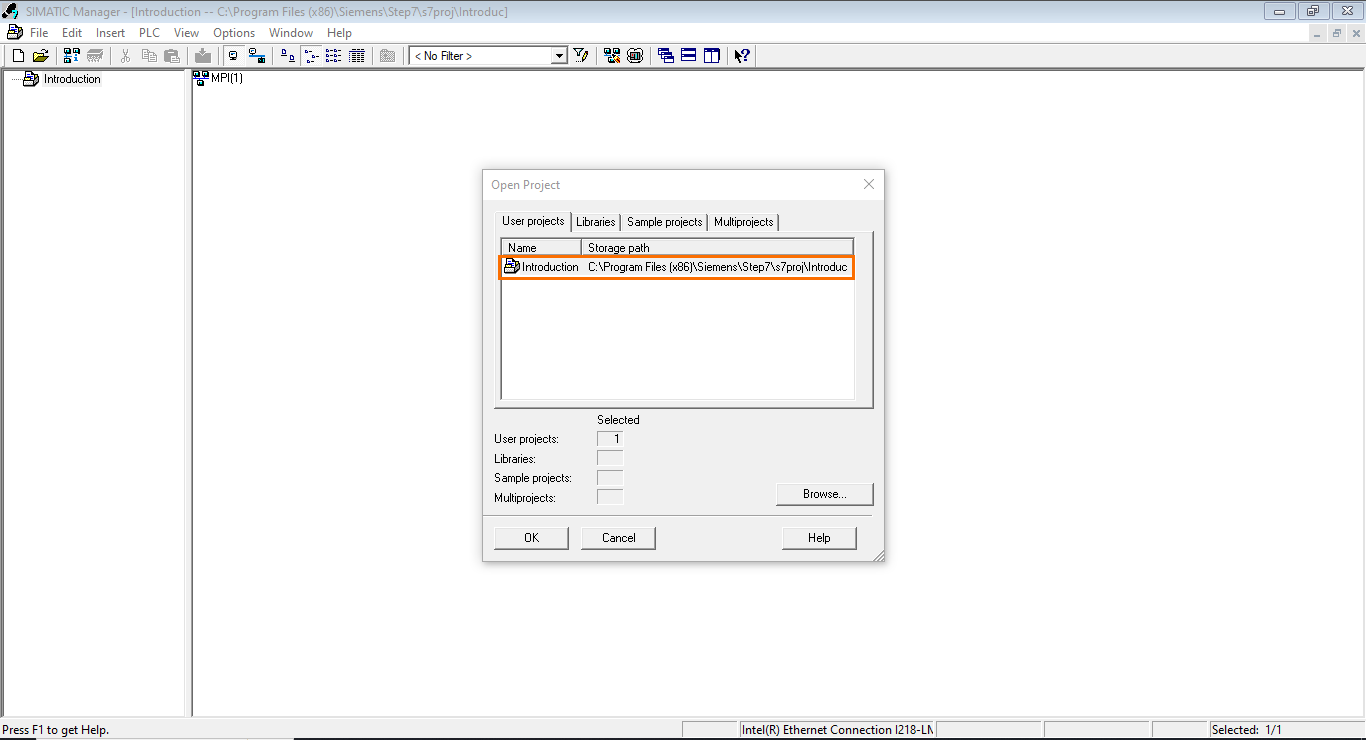 Figure 1.6 - Siemens SIMATIC Manager STEP7 PLC Programming | Opening a project