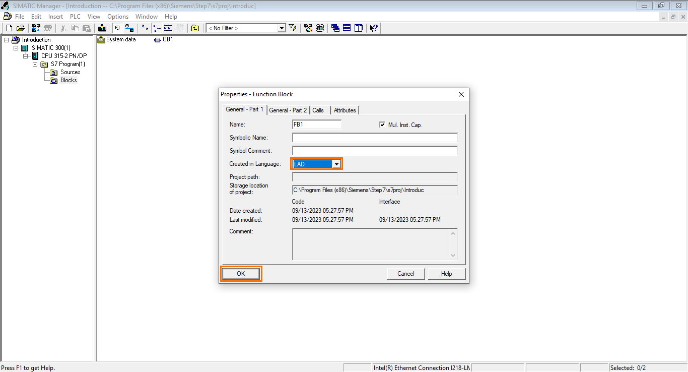 Figure 4.4 - Siemens SIMATIC Manager STEP7 PLC Programming | FB properties