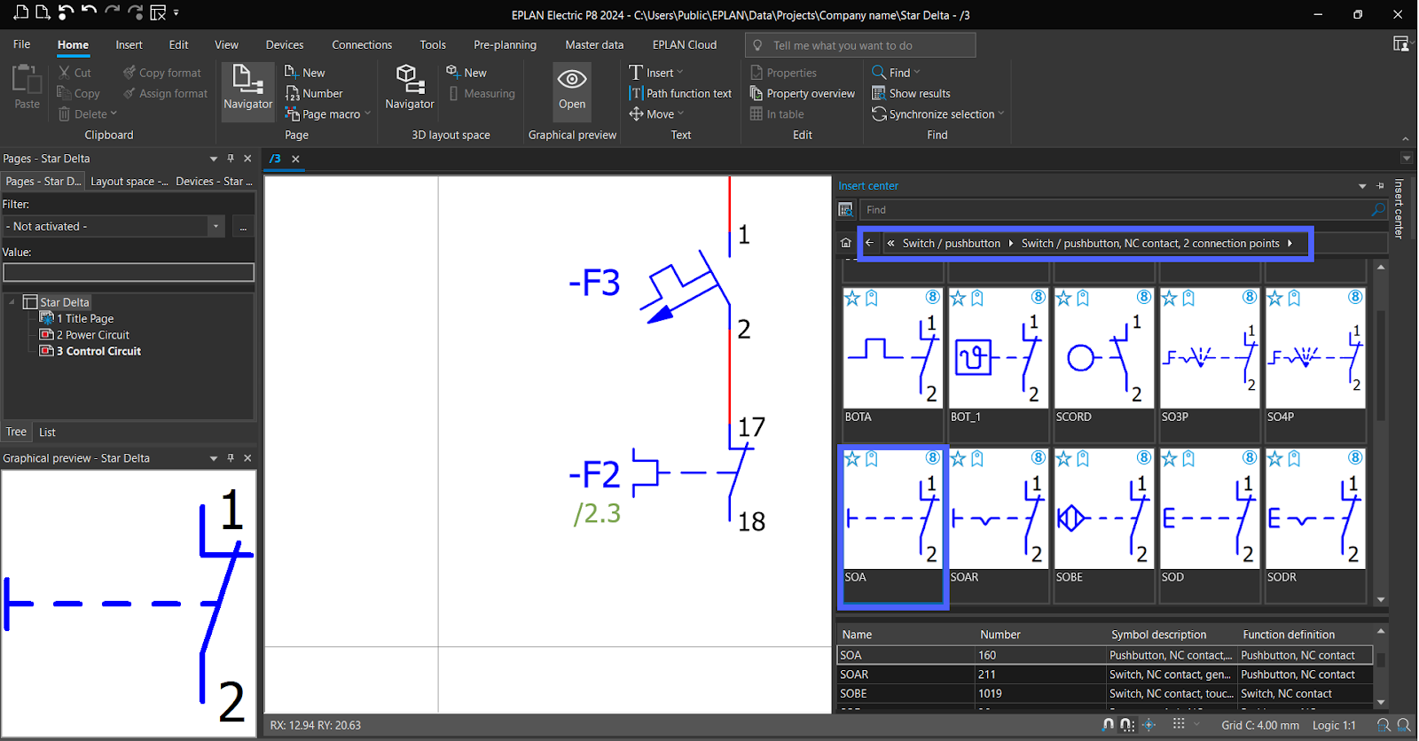 Figure 6.9 - Industrial Control Panel Schematics Using EPLAN | Control Page Normally Closed Pushbutton