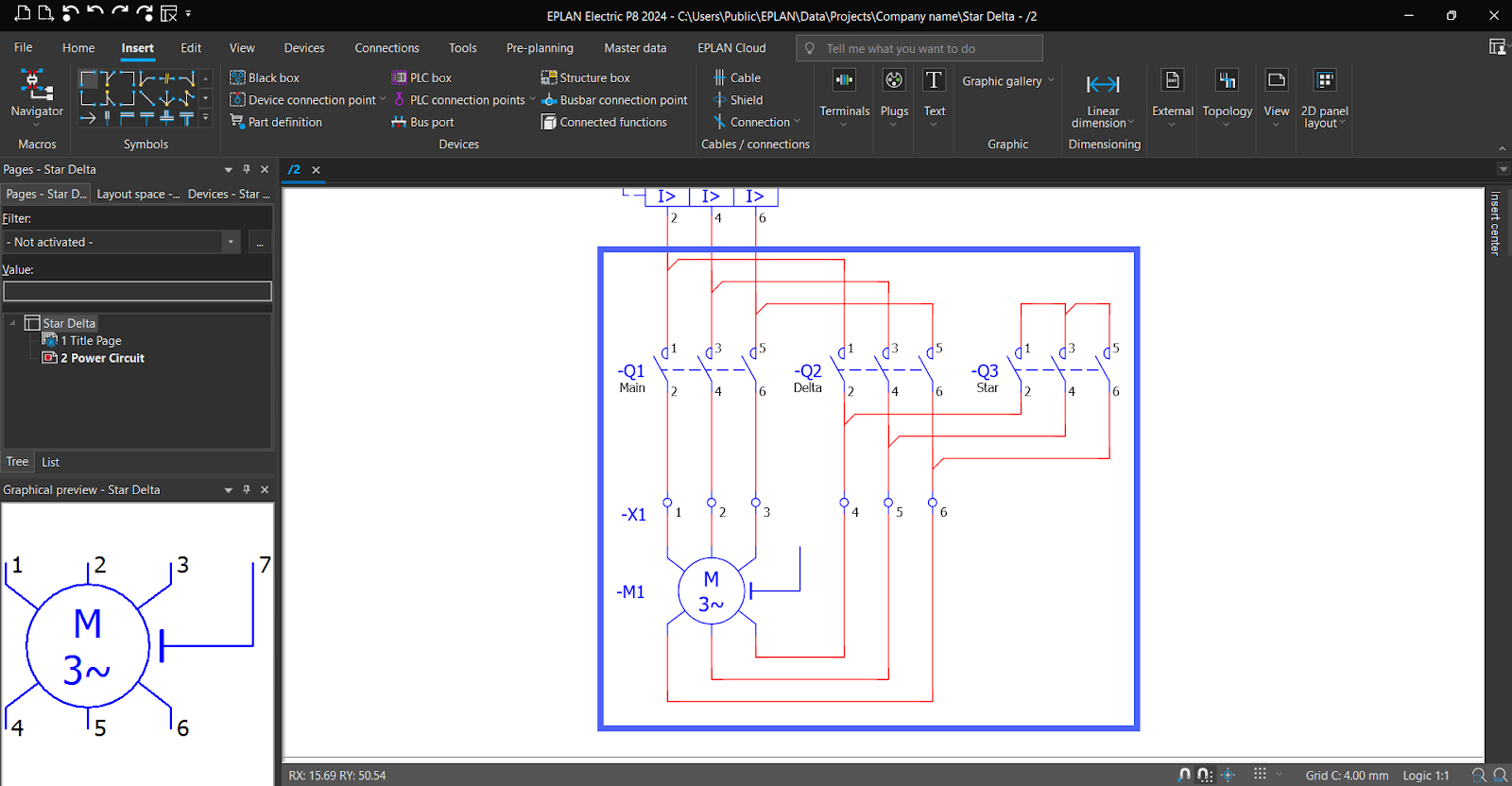 Figure 5.28 - Industrial Control Panel Schematics Using EPLAN | EPLAN 3 Phase Induction Motor Star Delta Power Circuit