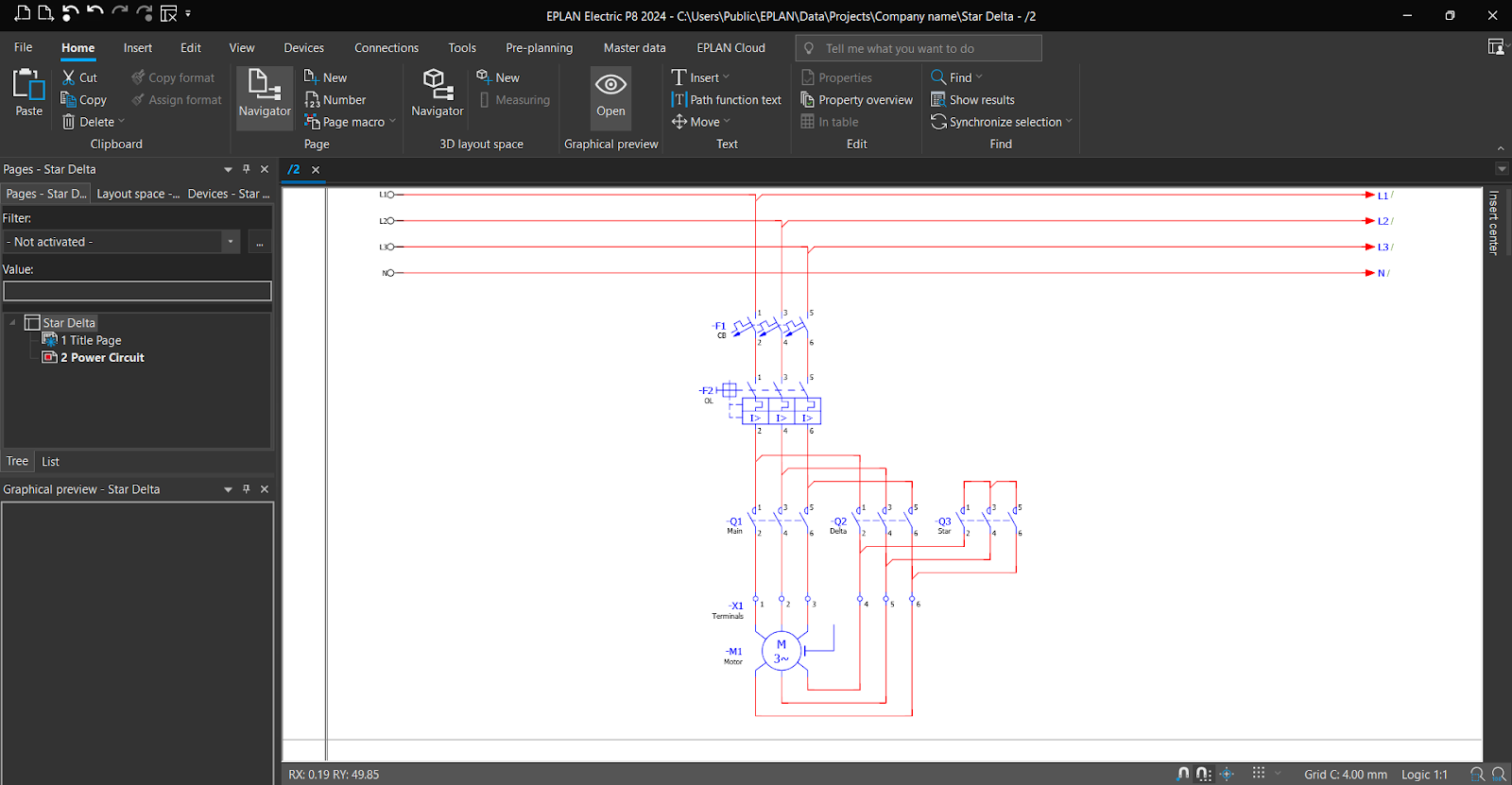 Figure 5.29 - Industrial Control Panel Schematics Using EPLAN | EPLAN 3 Phase Induction Motor Star Delta Power Circuit