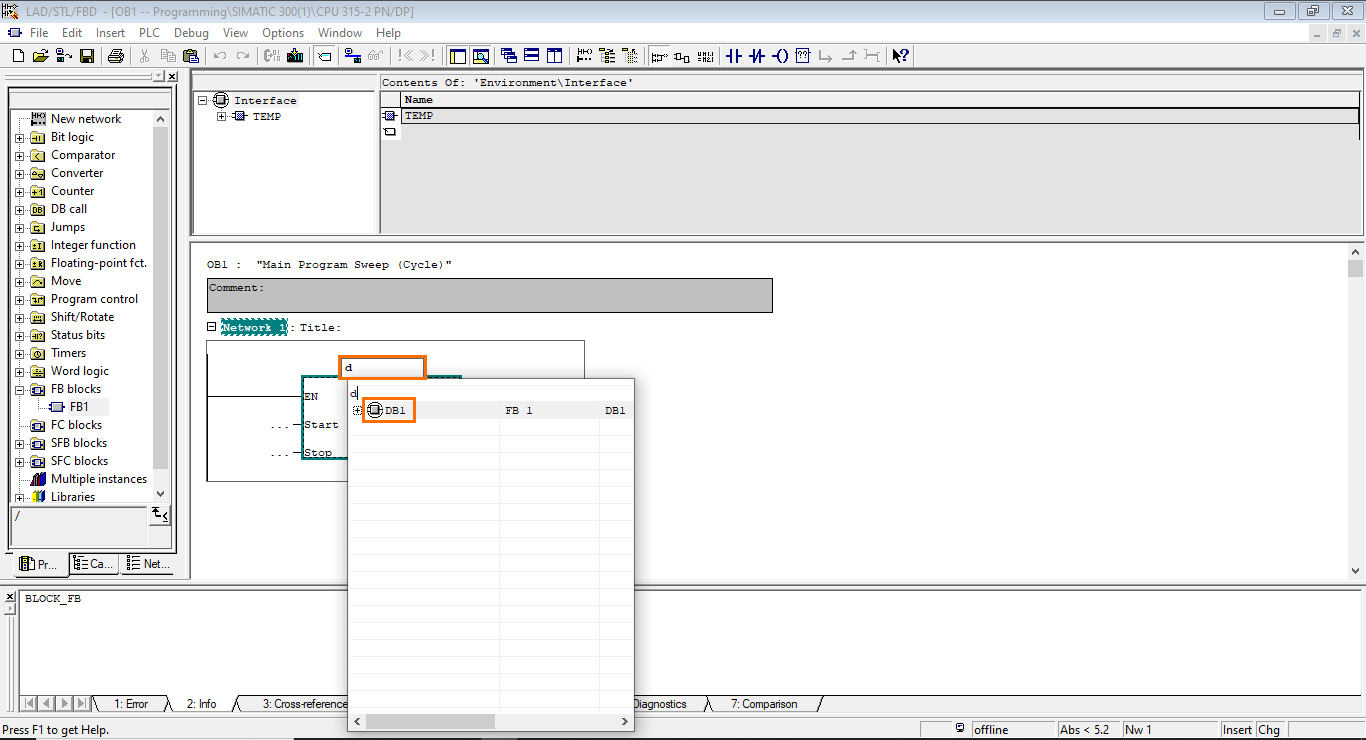 Figure 4.10 - Siemens SIMATIC Manager STEP7 PLC Programming | Adding the Data Block to the Block Call