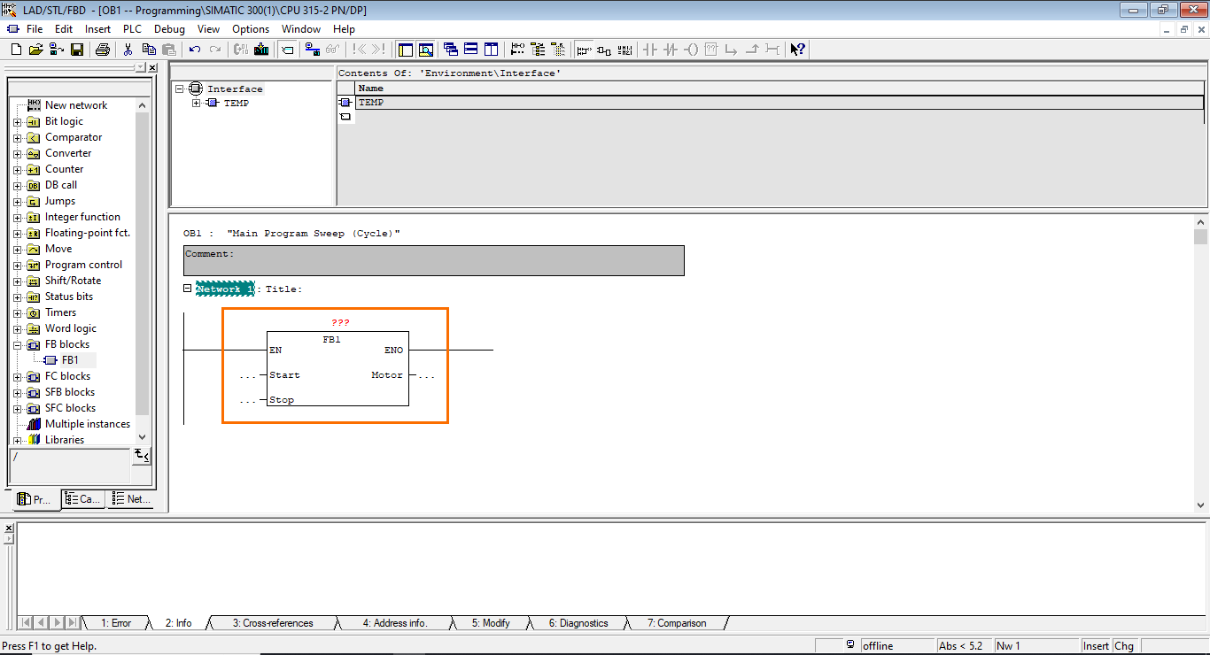 Figure 4.5 - Siemens SIMATIC Manager STEP7 PLC Programming | Function Block 1 (FB1) Call is Added to Ladder Logic