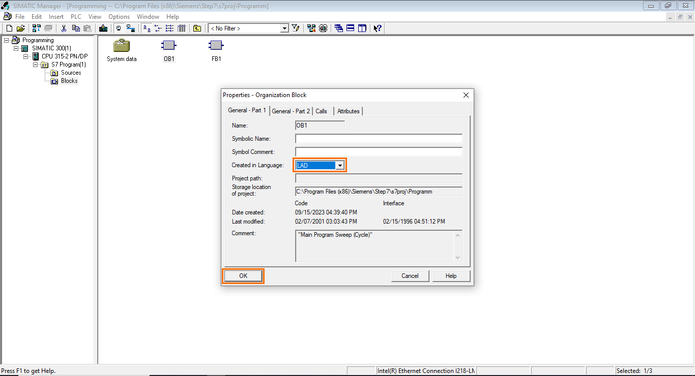 Figure 4.2 - Siemens SIMATIC Manager STEP7 PLC Programming | OB1 Properties