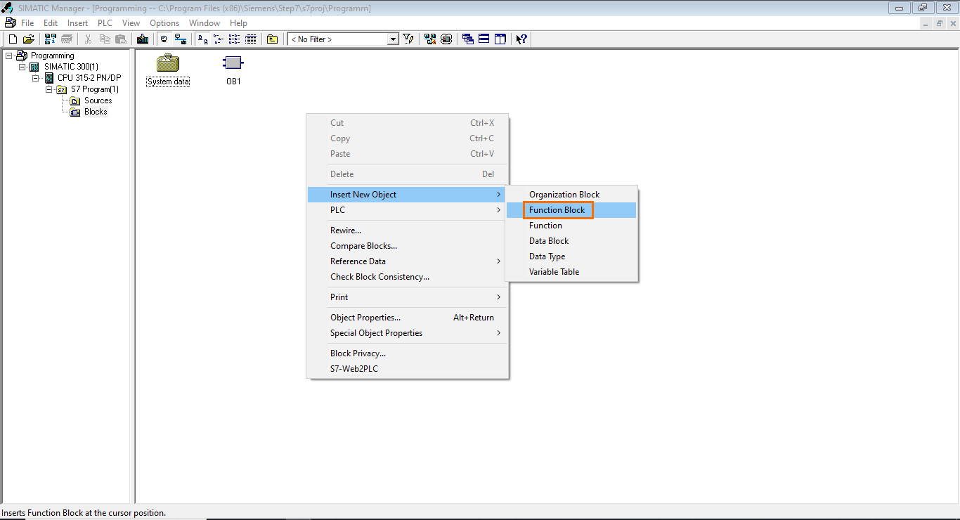 Figure 1.3 - Siemens SIMATIC Manager STEP7 PLC Programming | Adding a Function Block