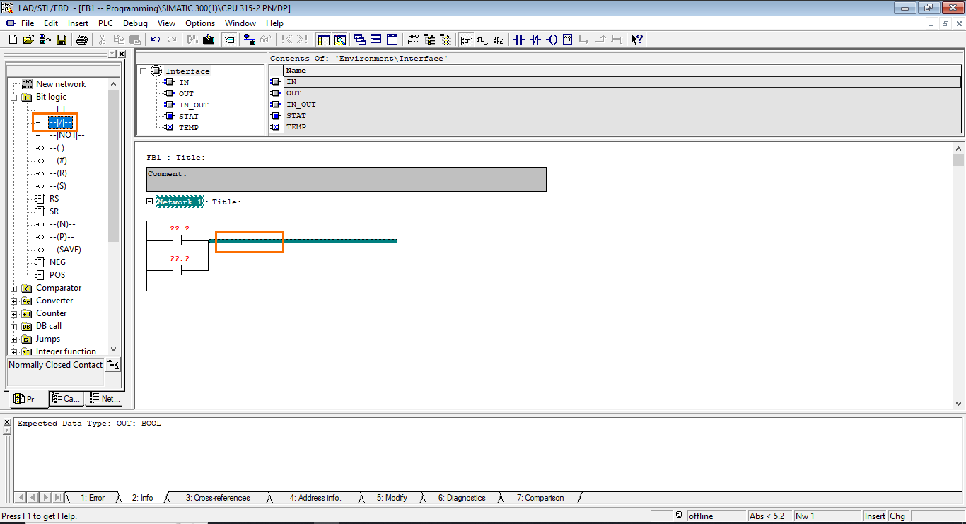 Figure 2.9 - Siemens SIMATIC Manager STEP7 PLC Programming | Adding a Normally Closed Contact