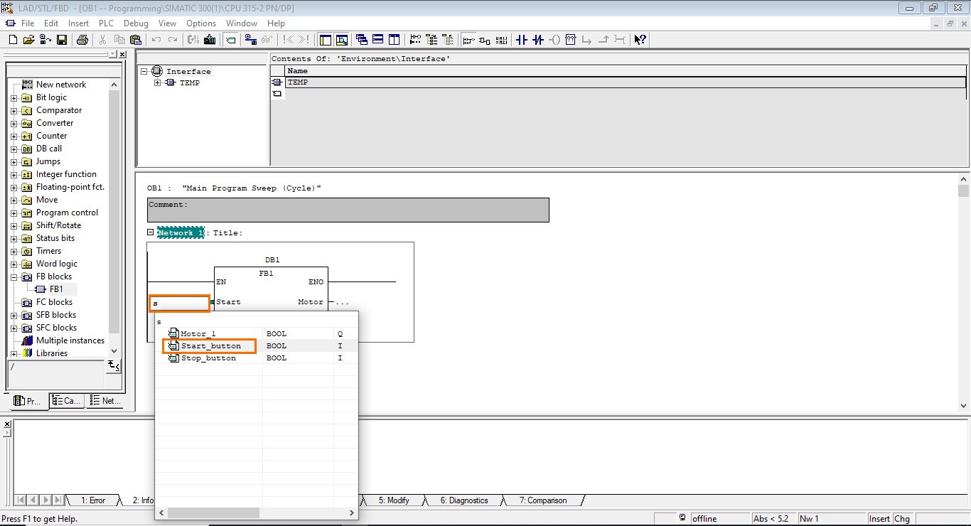 Figure 5.7 - Siemens SIMATIC Manager STEP7 PLC Programming | Adding the Symbol to the Start Input