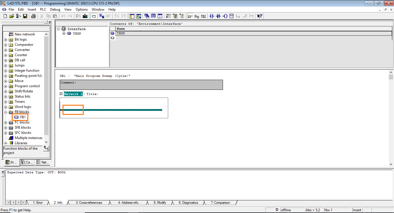 Figure 4.4 - Siemens SIMATIC Manager STEP7 PLC Programming | Calling Function Block 1 (FB1)