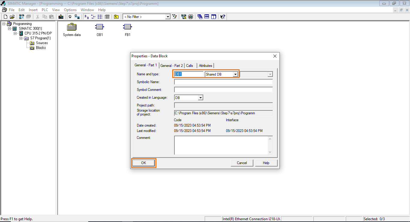 Figure 4.7 - Siemens SIMATIC Manager STEP7 PLC Programming | Data Block (DB) Properties